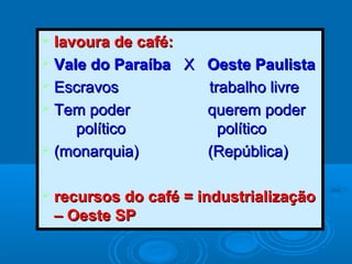  lavoura de café:lavoura de café:
 Vale do ParaíbaVale do Paraíba XX Oeste PaulistaOeste Paulista
 Escravos trabalho livreEscravos trabalho livre
 Tem poderTem poder querem poderquerem poder
políticopolítico políticopolítico
 (monarquia) (República)(monarquia) (República)
 recursos do café = industrializaçãorecursos do café = industrialização
– Oeste SP– Oeste SP
 