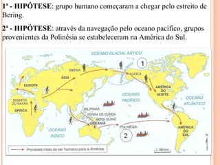 1ª - HIPÓTESE: grupo humano começaram a chegar pelo estreito de
Bering.
2ª - HIPÓTESE: através da navegação pelo oceano pacífico, grupos
provenientes da Polinésia se estabeleceram na América do Sul.
 