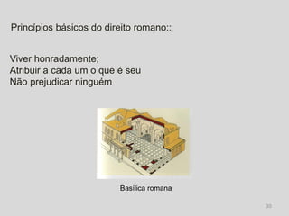 Princípios básicos do direito romano::


Viver honradamente;
Atribuir a cada um o que é seu
Não prejudicar ninguém




                         Basílica romana

                                           30
 