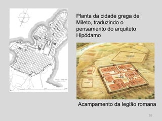 Planta da cidade grega de
Mileto, traduzindo o
pensamento do arquiteto
Hipódamo




Acampamento da legião romana
                            50
 
