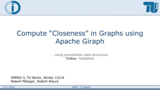 Compute “Closeness” in Graphs using
Apache Giraph
… using probabilistic data structures.
Today: Validation

IMPRO-3, TU Berlin, Winter 13/14
Robert Metzger, Robert Waury
13.1.2014

DIMA - TU Berlin

 