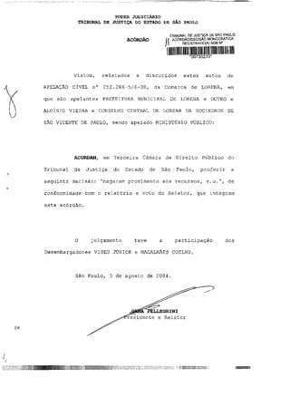 PODER J U D I C I Á R I O
            TRIBUNAL DE JUSTIÇA DO ESTADO DE SÃO PAULO


                                                 TRIBUNAL DE JUSTIÇA DE SÃO PAULO
                             ACÓRDÃO           11 ACÓRDÃO/DECISÃO MONOCRÁTICA
                                              f       REGISTRADO(A) SOB N°




           Vistos,   relatados   e   discutidos        estes      autos     de

APELAÇÃO CÍVEL n° 252.28 6-5/6-00, da Comarca de LORENA, em

que são apelantes PREFEITURA MUNICIPAL DE LORENA e OUTRO e

ALOÍSIO VIEIRA e CONSELHO CENTRAL DE LORENA DA SOCIEDADE DE

SÃO VICENTE DE PAULO, sendo apelado MINISTÉRIO PÚBLICO:




           ACORDAM, em Terceira Câmara de Direito Público do

Tribunal   de Justiça   do Estado       de São Paulo,          proferir       a

seguinte decisão: "negaram provimento aos recursos, v.u.", de

conformidade com o relatório e voto do Relator, que integram

este acórdão.




           O    julgamento       teve     a        participação            dos

Desembargadores VISEU JÚNIOR e MAGALHÃES COELHO.



           São Paulo, 3 de agosto de 2004.
 