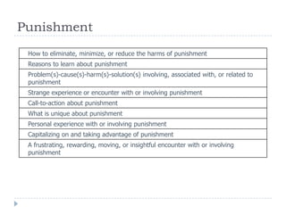 Punishment
How to eliminate, minimize, or reduce the harms of punishment
Reasons to learn about punishment
Problem(s)-cause(s)-harm(s)-solution(s) involving, associated with, or related to
punishment
Strange experience or encounter with or involving punishment
Call-to-action about punishment
What is unique about punishment
Personal experience with or involving punishment
Capitalizing on and taking advantage of punishment
A frustrating, rewarding, moving, or insightful encounter with or involving
punishment
 