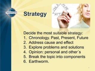 Strategy

Decide the most suitable strategy:
1. Chronology. Past, Present, Future
2. Address cause and effect
3. Explore problems and solutions
4. Opinion: personal and other´s
5. Break the topic into components
6. Earthworm.
1

 