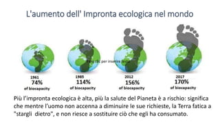 L'aumento dell' Impronta ecologica nel mondo
Più l’impronta ecologica è alta, più la salute del Pianeta è a rischio: significa
che mentre l’uomo non accenna a diminuire le sue richieste, la Terra fatica a
"stargli dietro", e non riesce a sostituire ciò che egli ha consumato.
Fare clic per inserire testo
 