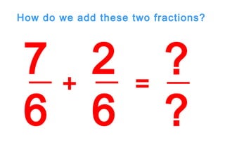 7
6
2
6
+ =
?
?
How do we add these two fractions?
 