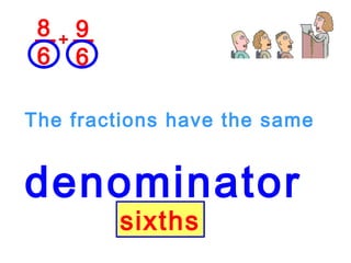 8
6
9
6
+
The fractions have the same
denominator
sixths
 