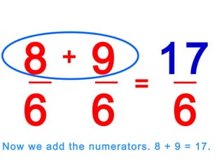 8
6
9
6
+
=
17
6
Now we add the numerators. 8 + 9 = 17.
 