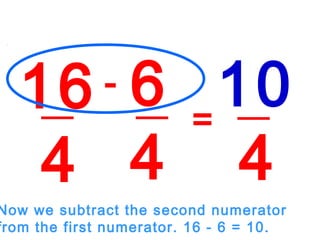 16
4
6
4
-
=
10
4
Now we subtract the second numerator
from the first numerator. 16 - 6 = 10.
 