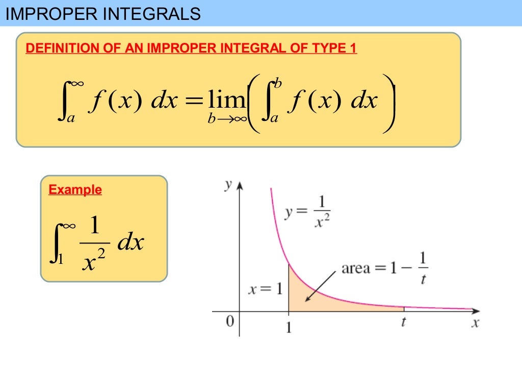 IMPROPER INTEGRALS
DEFINITION OF AN IMPROPER INTEGRAL OF TYPE 1




= ∫∫ −∞→∞−
b
aa
b
dxxfdxxf )(lim)(
Example
∫∞−
0...