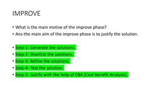 IMPROVE
• What is the main motive of the improve phase?
• Ans-the main aim of the improve phase is to justify the solution.
• Step-1- Generate the solutions.
• Step-2- Shortlist the solutions.
• Step-3- Refine the solutions.
• Step-4- Test the solution.
• Step-5- Justify with the help of CBA (Cost benefit Analysis).
 