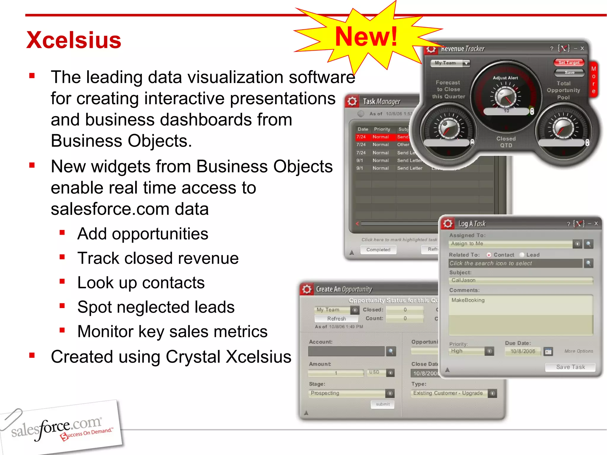 Xcelsius The leading data visualization software for creating interactive presentations and business dashboards from Business Objects.  New widgets from Business Objects enable real time access to salesforce.com data Add opportunities Track closed revenue Look up contacts Spot neglected leads Monitor key sales metrics  Created using Crystal Xcelsius New! 