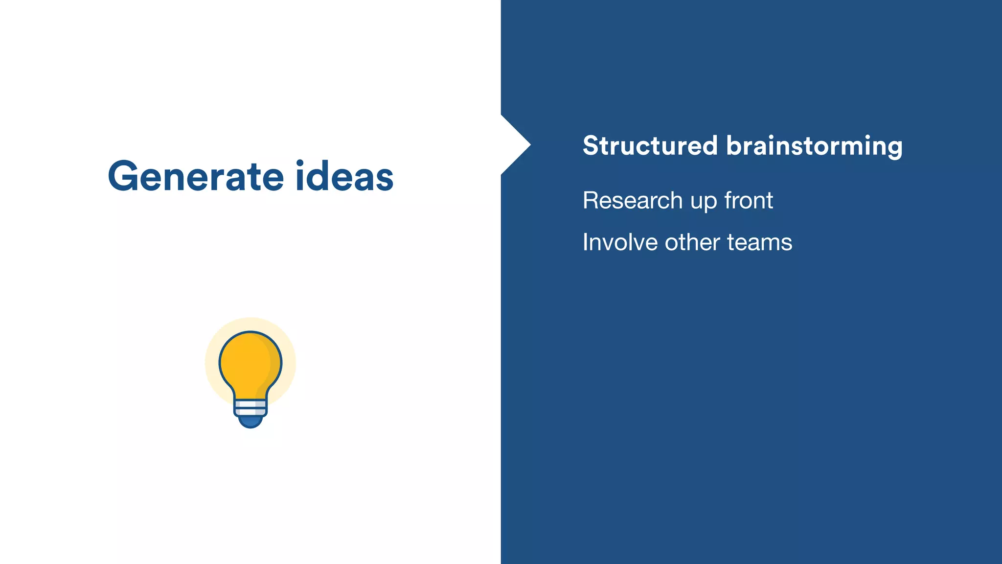 Structured brainstorming
Research up front
Generate ideas
Involve other teams
 