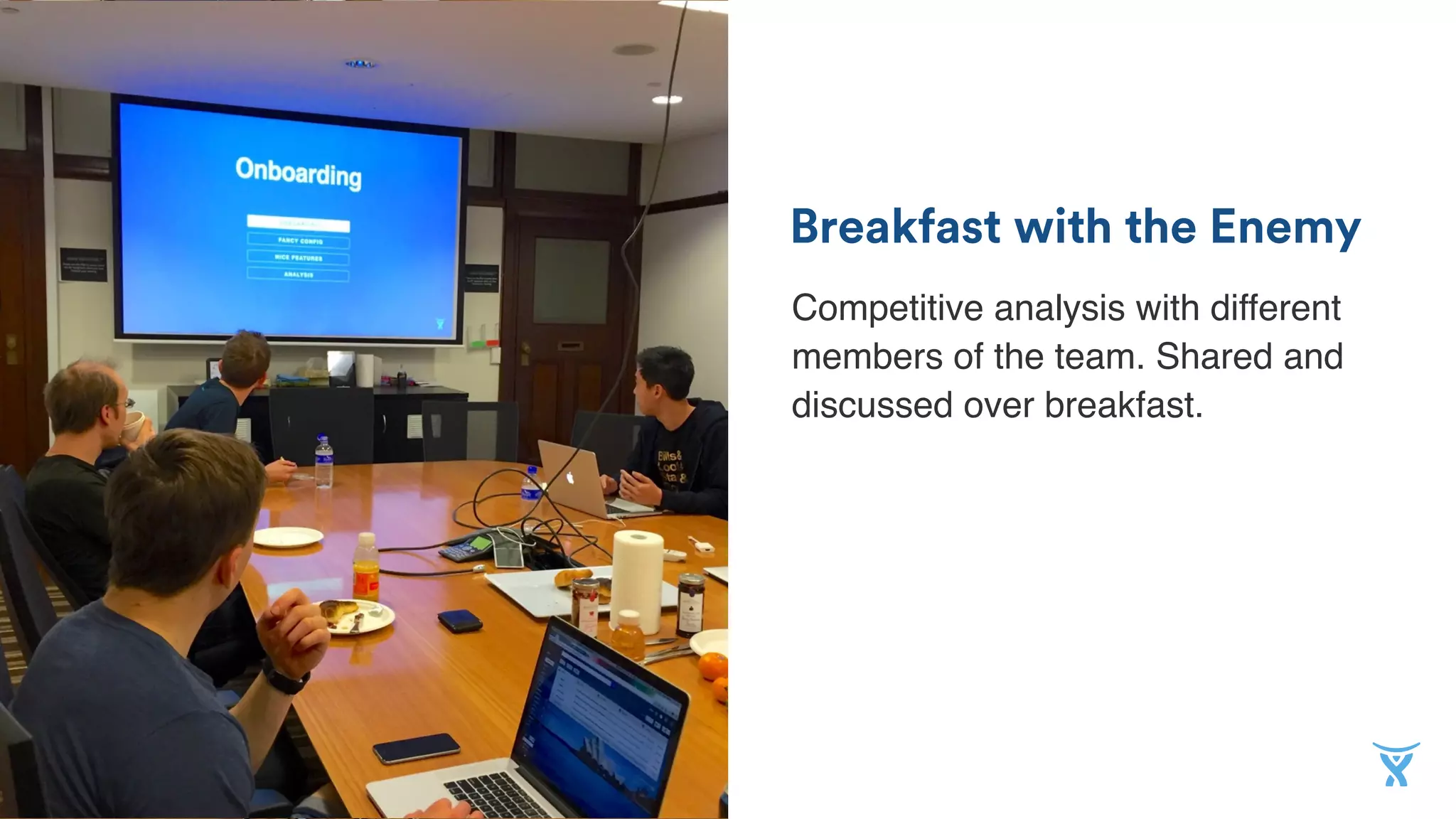 Breakfast with the Enemy
Competitive analysis with different
members of the team. Shared and
discussed over breakfast.
 