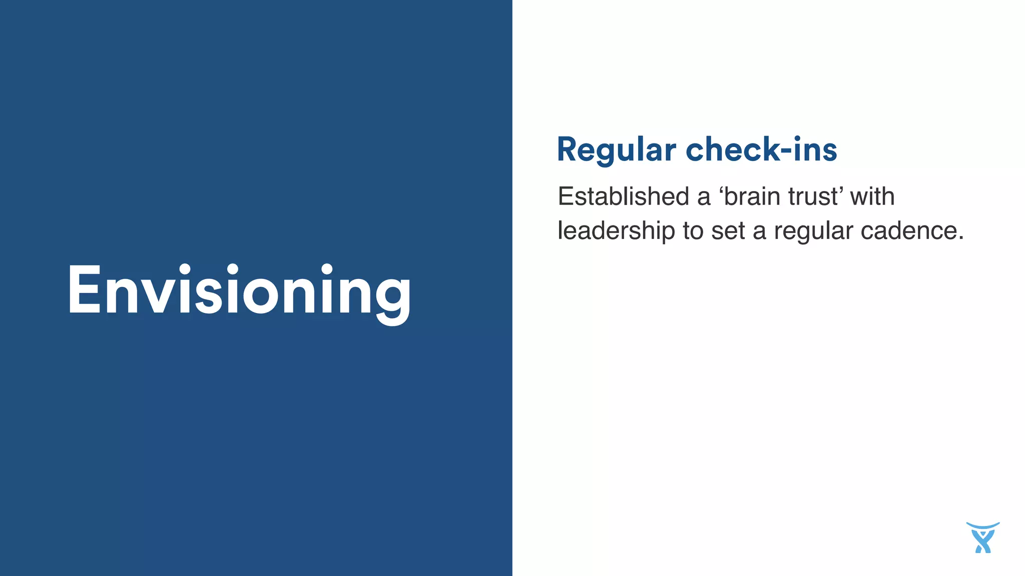 Envisioning
Regular check-ins
Established a ‘brain trust’ with
leadership to set a regular cadence.
 