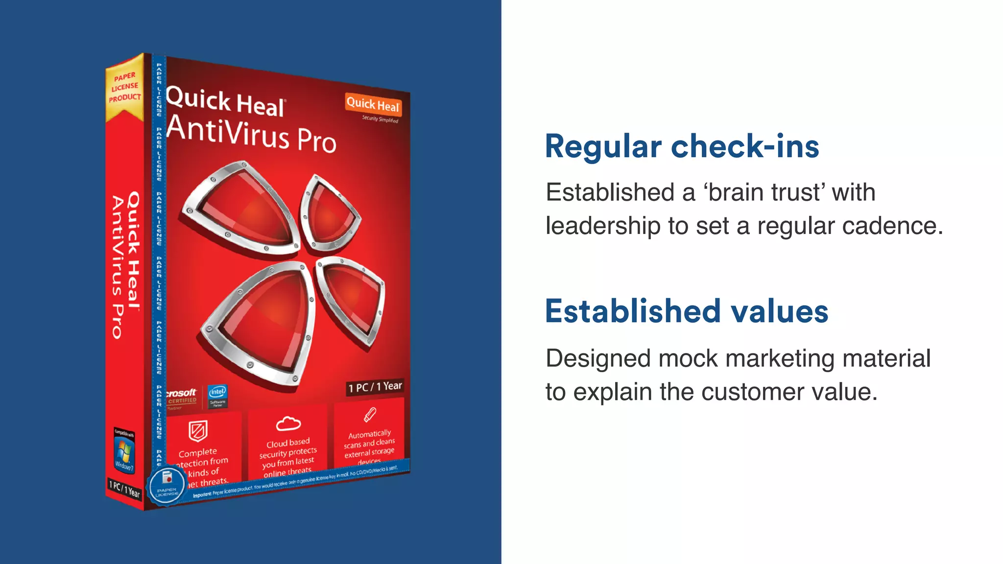 Established values
Regular check-ins
Established a ‘brain trust’ with
leadership to set a regular cadence.
Designed mock marketing material
to explain the customer value.
 
