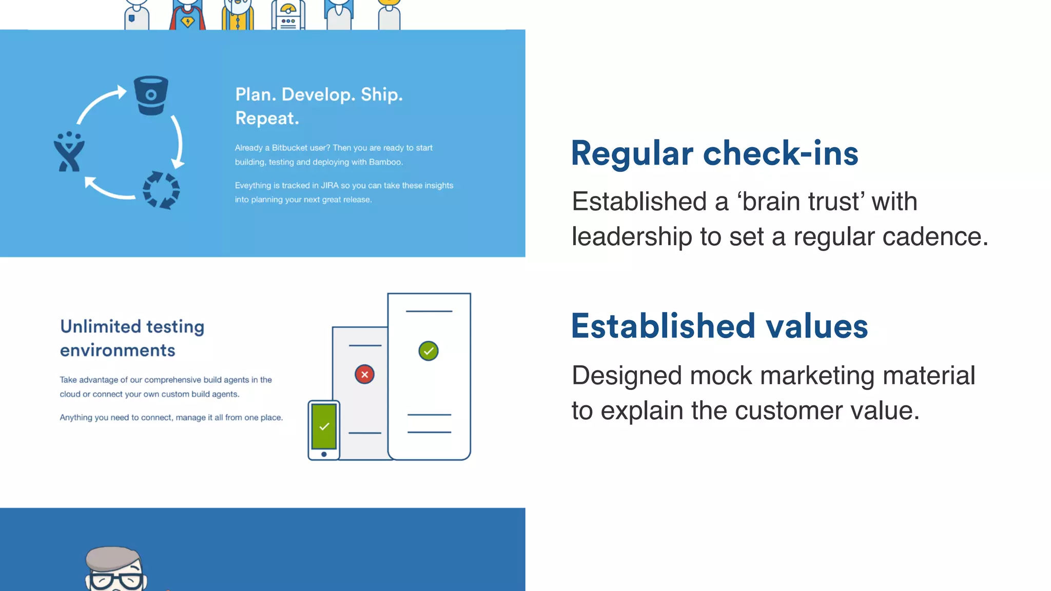 Established values
Regular check-ins
Established a ‘brain trust’ with
leadership to set a regular cadence.
Designed mock marketing material
to explain the customer value.
 
