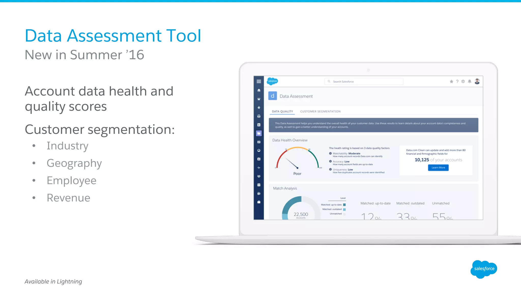 Data Assessment Tool
Account data health and
quality scores
Customer segmentation:
•  Industry
•  Geography
•  Employee
•  Revenue
New in Summer ’16
Available in Lightning
 