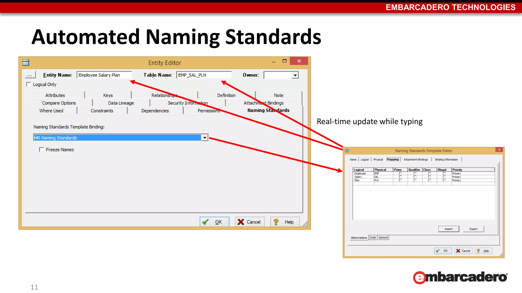 EMBARCADERO TECHNOLOGIES
Automated Naming Standards
Real-time update while typing
11
 