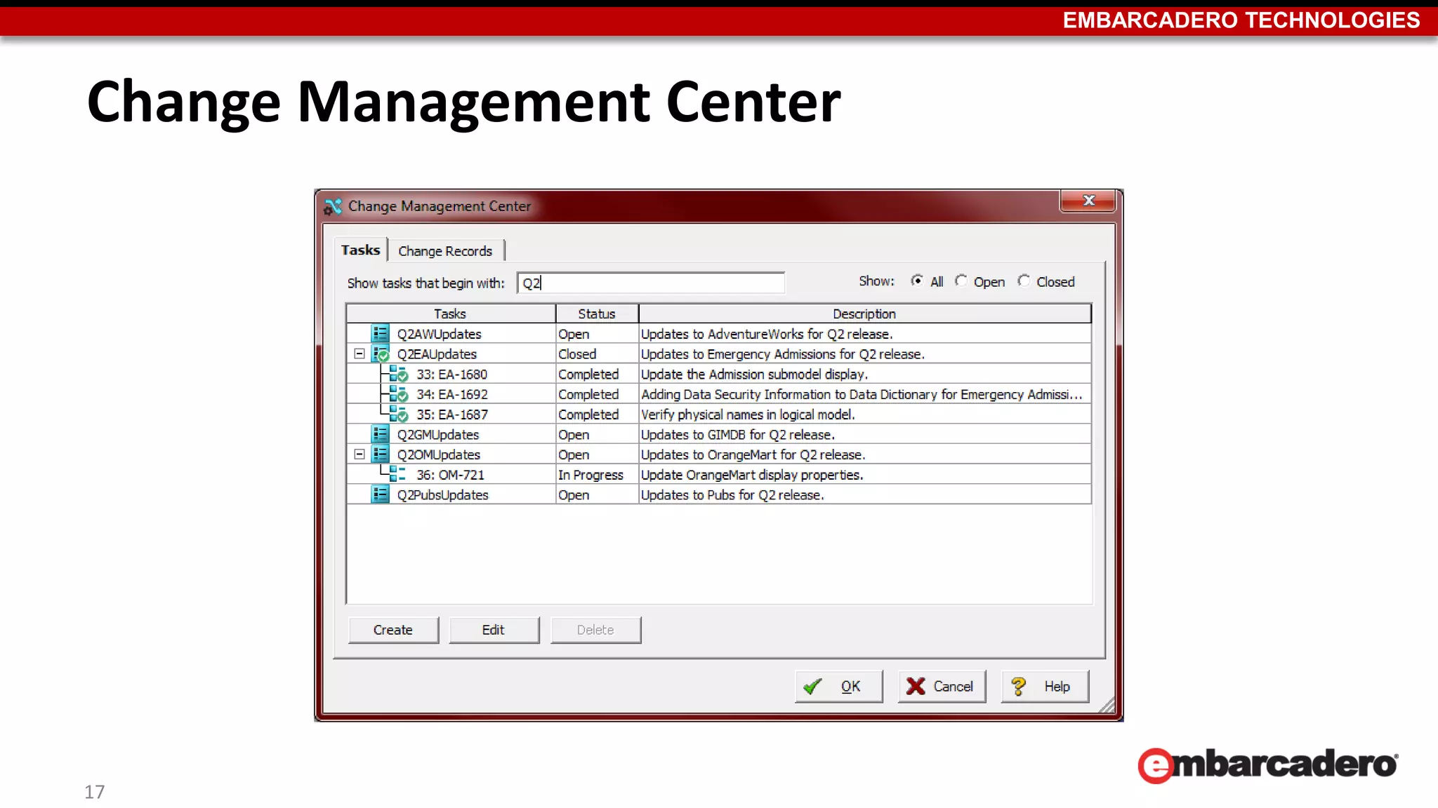EMBARCADERO TECHNOLOGIES
Change Management Center
17
 