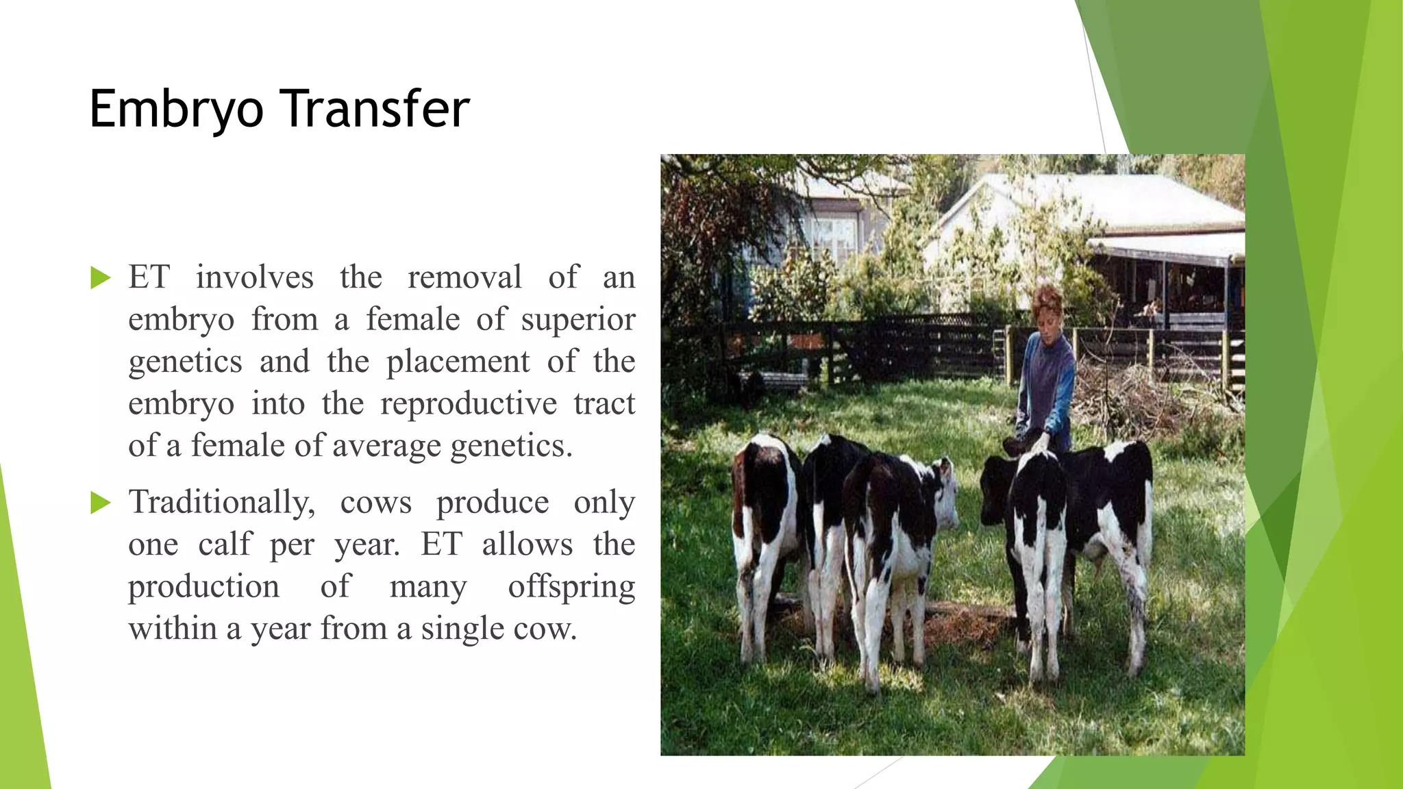 Embryo Transfer
 ET involves the removal of an
embryo from a female of superior
genetics and the placement of the
embryo into the reproductive tract
of a female of average genetics.
 Traditionally, cows produce only
one calf per year. ET allows the
production of many offspring
within a year from a single cow.
 