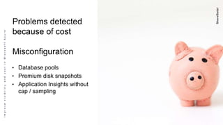 ImprovevisibilityandcostinMicrosoftAzure
Problems detected
because of cost
Misconfiguration
• Database pools
• Premium disk snapshots
• Application Insights without
cap / sampling
 