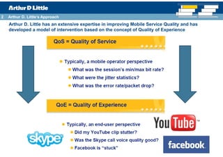 2   Arthur D. Little’s Approach
    Arthur D. Little has an extensive expertise in improving Mobile Service Quality and has
    developed a model of intervention based on the concept of Quality of Experience
 