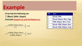 
Example
4
.
0
5
2
|
T
|
)
Beer
Diaper,
,
Milk
(




s
67
.
0
3
2
)
Diaper
,
Milk
(
)
Beer
Diaper,
Milk,
(





c
If we had the following rule
-:
{
Milk, Diaper
}
 {Beer}
Find both Support (s) and Confidence (c)
TID Items
1 Bread, Milk
2 Bread, Diaper, Beer, Eggs
3 Milk, Diaper, Beer, Coke
4 Bread, Milk, Diaper, Beer
5 Bread, Milk, Diaper, Coke
 