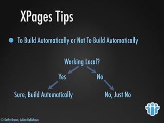© Kathy Brown, Julian Robichaux
XPages Tips
To Build Automatically or Not To Build Automatically
Working Local?
Yes No
Sure, Build Automatically No, Just No
 