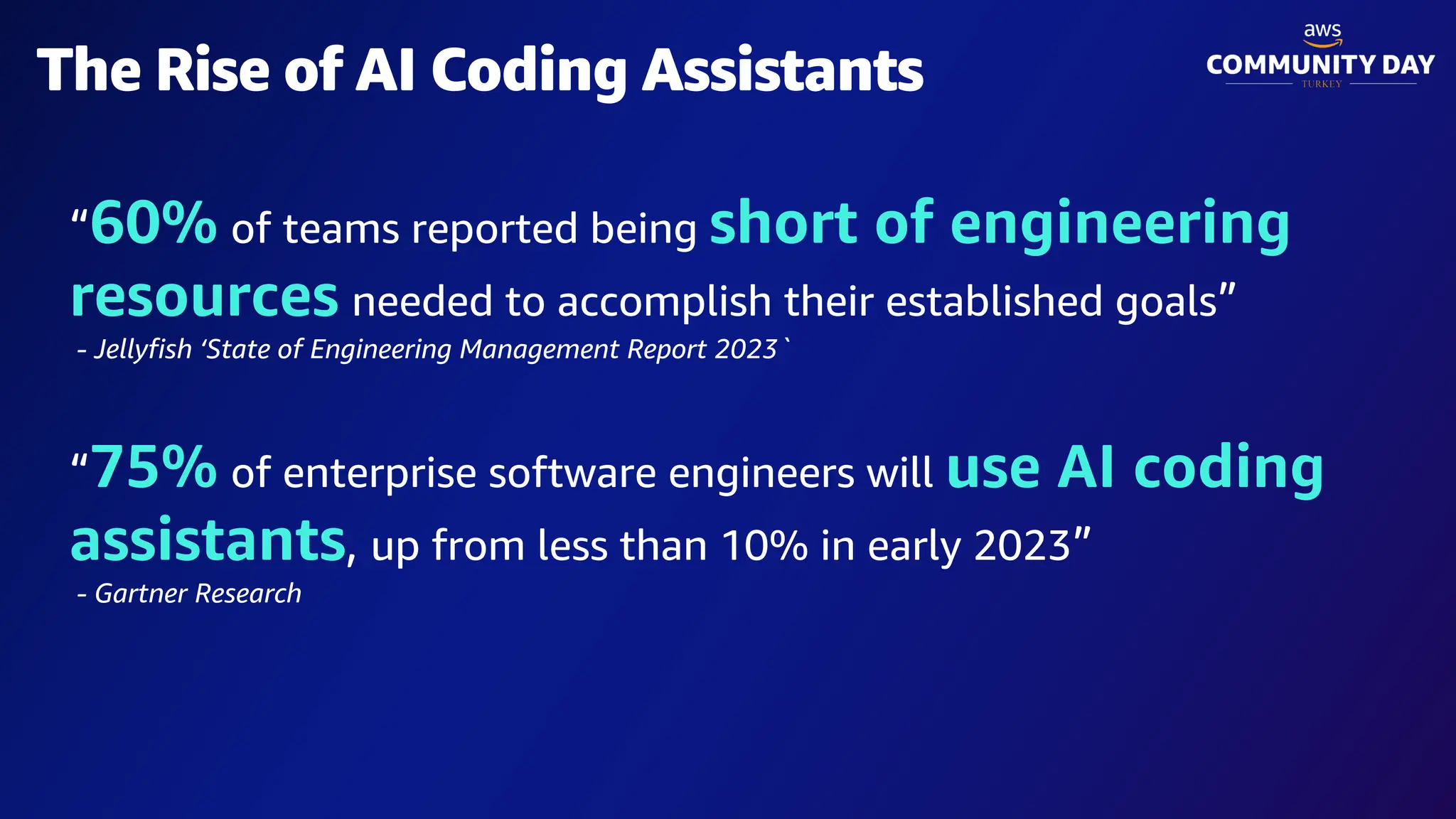 The Rise of AI Coding Assistants
“60% of teams reported being short of engineering
resources needed to accomplish their established goals”
- Jellyfish ‘State of Engineering Management Report 2023`
“75% of enterprise software engineers will use AI coding
assistants, up from less than 10% in early 2023”
- Gartner Research
 