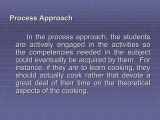 Process Approach

     In the process approach, the students
 are actively engaged in the activities so
 the competencies needed in the subject
 could eventually be acquired by them. For
 instance, if they are to learn cooking, they
 should actually cook rather that devote a
 great deal of their time on the theoretical
 aspects of the cooking.
 