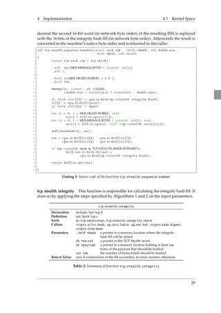 4 Implementation 4.1 Kernel Space 
desired the second 16-bit word (in network byte order) of the resulting ISN is replaced 
with the 16 bits of the integrity hash IH (in network byte order). Afterwards the result is 
converted to the machine’s native byte order and is returned to the caller. 
1 u32 t cp s teal th sequence number ( s t ruc t sock sk , be32 daddr , u32 daddr size , 
2 be16 dport , u32 t s v a l ) 
3 f 
4 s t ruc t t cp sock tp = t cp sk ( sk ) ; 
5 
6 u32 sec [MD5 MESSAGE BYTES / s i z eof ( u32 ) ] ; 
7 u32 i ; 
8 
9 be32 iv [MD5 DIGEST WORDS] = f 0 g ; 
10 be32 i sn ; 
11 
12 memcpy( iv , ( const u8 )daddr , 
13 ( daddr s ize  s i zeof ( iv ) ) ? s i z eof ( iv ) : daddr s ize ) ; 
14 
15 ( ( be16 ) iv ) [ 2 ] ˆ= cpu to be16 ( tps t e a l t h . int e g r i t y ha sh ) ; 
16 iv [ 2 ] ˆ= cpu to be32 ( t s v a l ) ; 
17 ( ( be16 ) iv ) [ 6 ] ˆ= dport ; 
18 
19 for ( i = 0 ; i  MD5 DIGEST WORDS ; i ++) 
20 iv [ i ] = l e 3 2 to cpu ( iv [ i ] ) ; 
21 for ( i = 0 ; i  MD5 MESSAGE BYTES / s i z eof ( l e 3 2 ) ; i ++) 
22 sec [ i ] = l e 3 2 to cpu ( ( ( l e 3 2 ) tps t e a l t h . s e c r e t ) [ i ] ) ; 
23 
24 md5 transform( iv , sec ) ; 
25 
26 i sn = cpu to be32 ( iv [ 0 ] ) ˆ cpu to be32 ( iv [ 1 ] ) ˆ 
27 cpu to be32 ( iv [ 2 ] ) ˆ cpu to be32 ( iv [ 3 ] ) ; 
28 
29 i f ( tps t e a l t h .mode  TCP STEALTH MODE INTEGRITY) 
30 b e 3 2 i sn t o b e 1 6 ih ( i sn ) = 
31 cpu to be16 ( tps t e a l t h . int e g r i t y ha sh ) ; 
32 
33 return be32 to cpu ( i sn ) ; 
34 
35 g 
Listing 1: Source code of the function tcp stealth sequence number 
tcp stealth integrity This function is responsible for calculating the integrity hash IH. It 
does so by applying the steps specified by Algorithms 1 and 2 on the input parameters. 
tcp stealth integrity 
Declaration include/net/tcp.h 
Definition net/ipv4/tcp.c 
Xrefs do tcp setsockopt, tcp stealth integrity check 
Callees crypto alloc hash, sg init table, sg set buf, crypto hash digest, 
crypto free hash 
Parameters be16 *hash a pointer to a memory location where the integrity 
hash IH will be stored 
u8 *secret a pointer to the TCP Stealth secret 
u8 *payload a pointer to a memory location holding at least len 
bytes of the payload that should be hashed 
int len the number of bytes which should be hashed 
Return Value zero if construction of the IH succeeded, an error number otherwise 
Table 2: Summary of function tcp stealth integrity 
20 
 