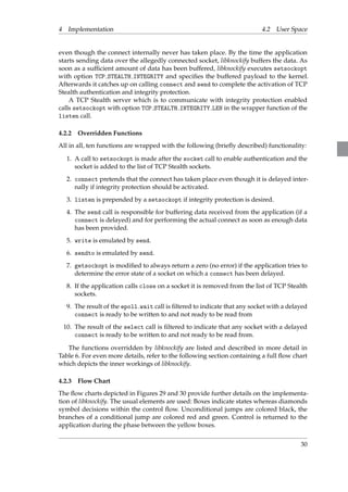 4 Implementation 4.2 User Space 
even though the connect internally never has taken place. By the time the application 
starts sending data over the allegedly connected socket, libknockify buffers the data. As 
soon as a sufficient amount of data has been buffered, libknockify executes setsockopt 
with option TCP STEALTH INTEGRITY and specifies the buffered payload to the kernel. 
Afterwards it catches up on calling connect and send to complete the activation of TCP 
Stealth authentication and integrity protection. 
A TCP Stealth server which is to communicate with integrity protection enabled 
calls setsockopt with option TCP STEALTH INTEGRITY LEN in the wrapper function of the 
listen call. 
4.2.2 Overridden Functions 
All in all, ten functions are wrapped with the following (briefly described) functionality: 
1. A call to setsockopt is made after the socket call to enable authentication and the 
socket is added to the list of TCP Stealth sockets. 
2. connect pretends that the connect has taken place even though it is delayed inter-nally 
if integrity protection should be activated. 
3. listen is prepended by a setsockopt if integrity protection is desired. 
4. The send call is responsible for buffering data received from the application (if a 
connect is delayed) and for performing the actual connect as soon as enough data 
has been provided. 
5. write is emulated by send. 
6. sendto is emulated by send. 
7. getsockopt is modified to always return a zero (no error) if the application tries to 
determine the error state of a socket on which a connect has been delayed. 
8. If the application calls close on a socket it is removed from the list of TCP Stealth 
sockets. 
9. The result of the epoll wait call is filtered to indicate that any socket with a delayed 
connect is ready to be written to and not ready to be read from 
10. The result of the select call is filtered to indicate that any socket with a delayed 
connect is ready to be written to and not ready to be read from. 
The functions overridden by libknockify are listed and described in more detail in 
Table 6. For even more details, refer to the following section containing a full flow chart 
which depicts the inner workings of libknockify. 
4.2.3 Flow Chart 
The flow charts depicted in Figures 29 and 30 provide further details on the implementa-tion 
of libknockify. The usual elements are used: Boxes indicate states whereas diamonds 
symbol decisions within the control flow. Unconditional jumps are colored black, the 
branches of a conditional jump are colored red and green. Control is returned to the 
application during the phase between the yellow boxes. 
30 
 
