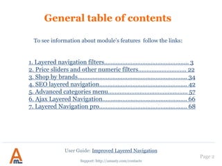General table of contents
Page 2
Support: http://amasty.com/contacts
User Guide: Improved Layered Navigation
1. Layered navigation filters……………………………………….….. 3
2. Price sliders and other numeric filters……………………….. 32
3. Shop by brands………………………………………………………... 45
4. SEO layered navigation…………………………………………….. 53
5. Advanced categories menu…………………………………..……. 70
6. Ajax Layered Navigation………………………………………..…. 83
7. Layered Navigation pro……………………………………...….…. 85
To see information about module’s features follow the links:
 