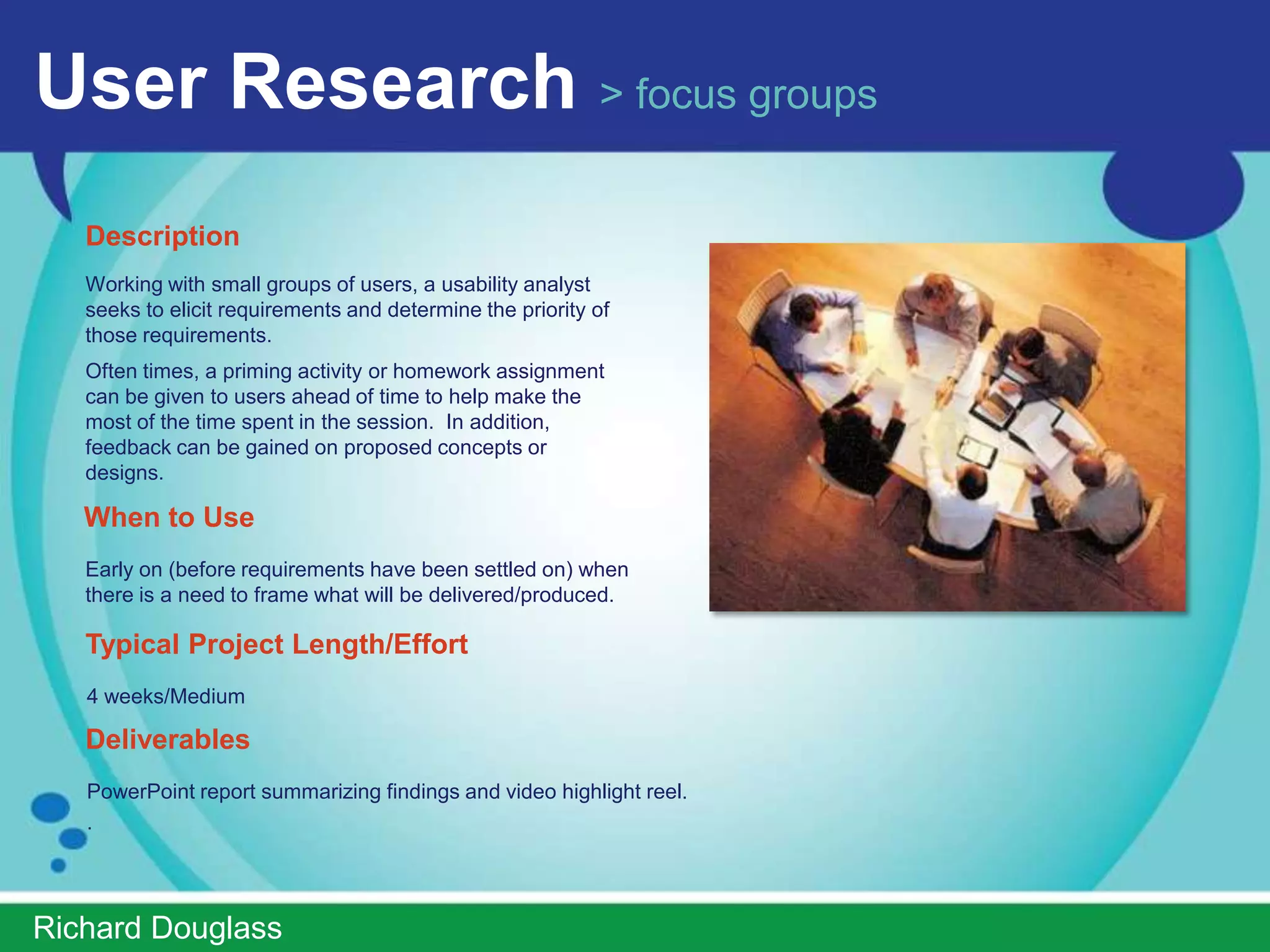 User Research > rapid iterative testing
   Description
   Rapid Iterative Testing and Evaluation, typically referred to
   as "RITE" testing is a usability method similar to traditional
   usability testing; however RITE differs in that the data are
   analyzed after each participant, or at the end of each day
   of testing, changes to the interface are made as soon as
   an issue is identified and a solution is clear, and the
   changed interface is tested with the remaining
   users. Changes are easily made to the prototype since it
   is typically in a low-fidelity format.

   When to Use
   Early on in the project (before Day 0) when requirements
   are still rough and being firmed up.

   Typical Project Length/Effort
   4-5weeks/High

   Deliverables
   PowerPoint report summarizing findings and video highlight reel.




ImprovedUsability.com
 