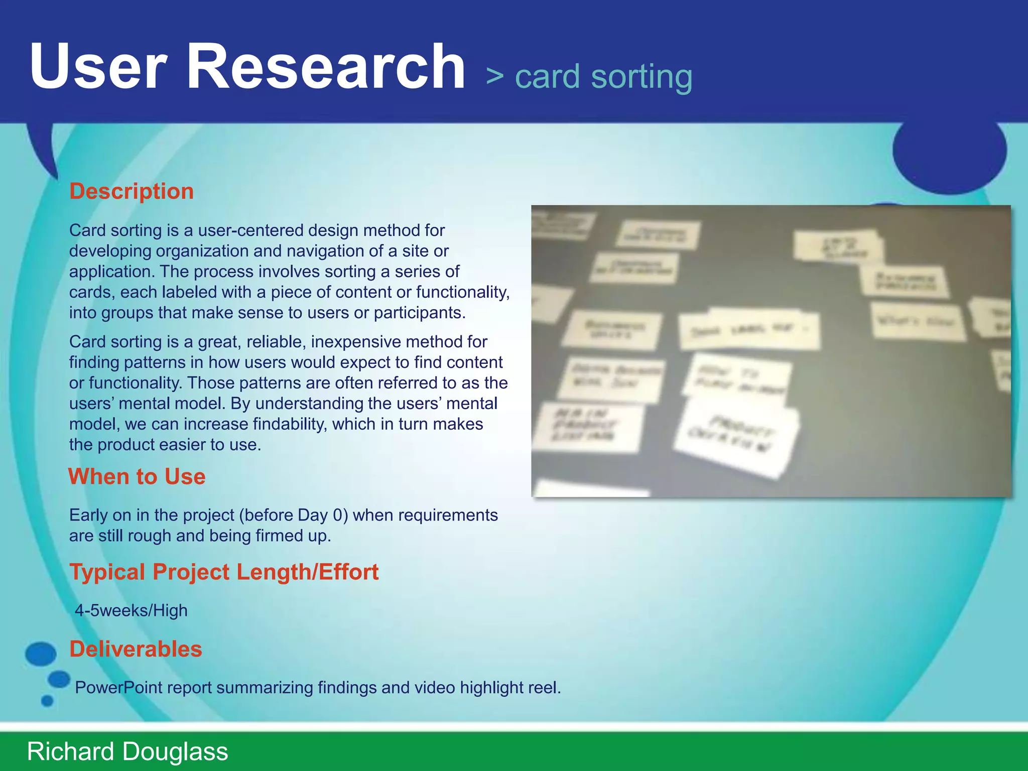 User Research > expert review
   Description
   A heuristic or expert review is conducted by a usability
   analyst reviewing a particular design or set of
   designs. The design is compared against a set of
   standard best practice principles and recommendations
   are made for improvement.

   When to Use
   Any time the project team determines it needs quick
   feedback on a set of designs. Heuristic reviews are best
   employed prior to a usability study to help set priorities of
   items to be reviewed with participants.

   Typical Project Length/Effort
   1-4 weeks/Low to Medium

   Deliverables
   Word document with issues called out and screenshots of
   designs.




ImprovedUsability.com
 