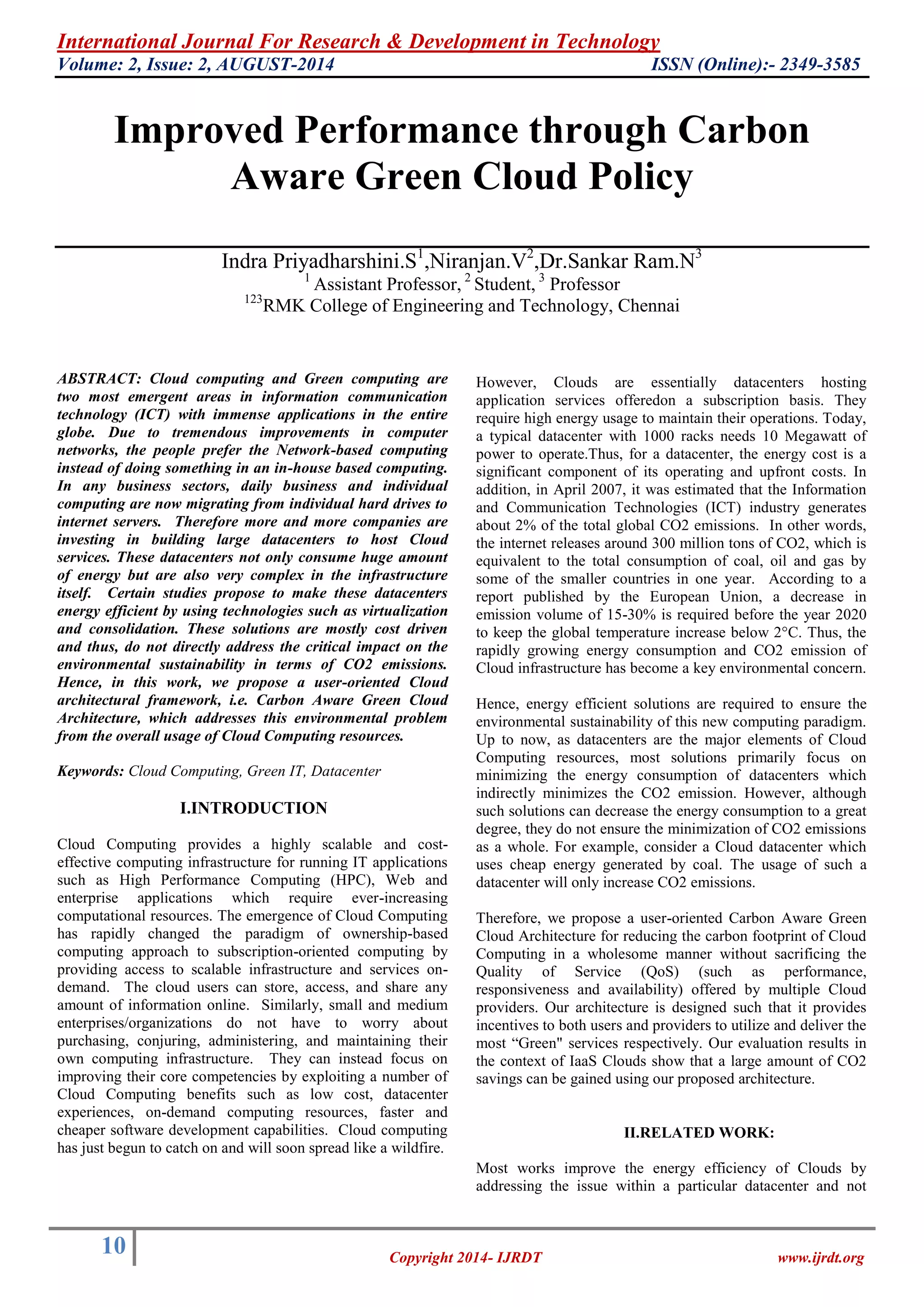 Improved performance through carbon aware green cloud policy | PDF