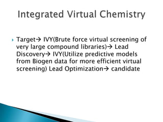    Target IVY(Brute force virtual screening of
    very large compound libraries) Lead
    Discovery IVY(Utilize predictive models
    from Biogen data for more efficient virtual
    screening) Lead Optimization candidate
 