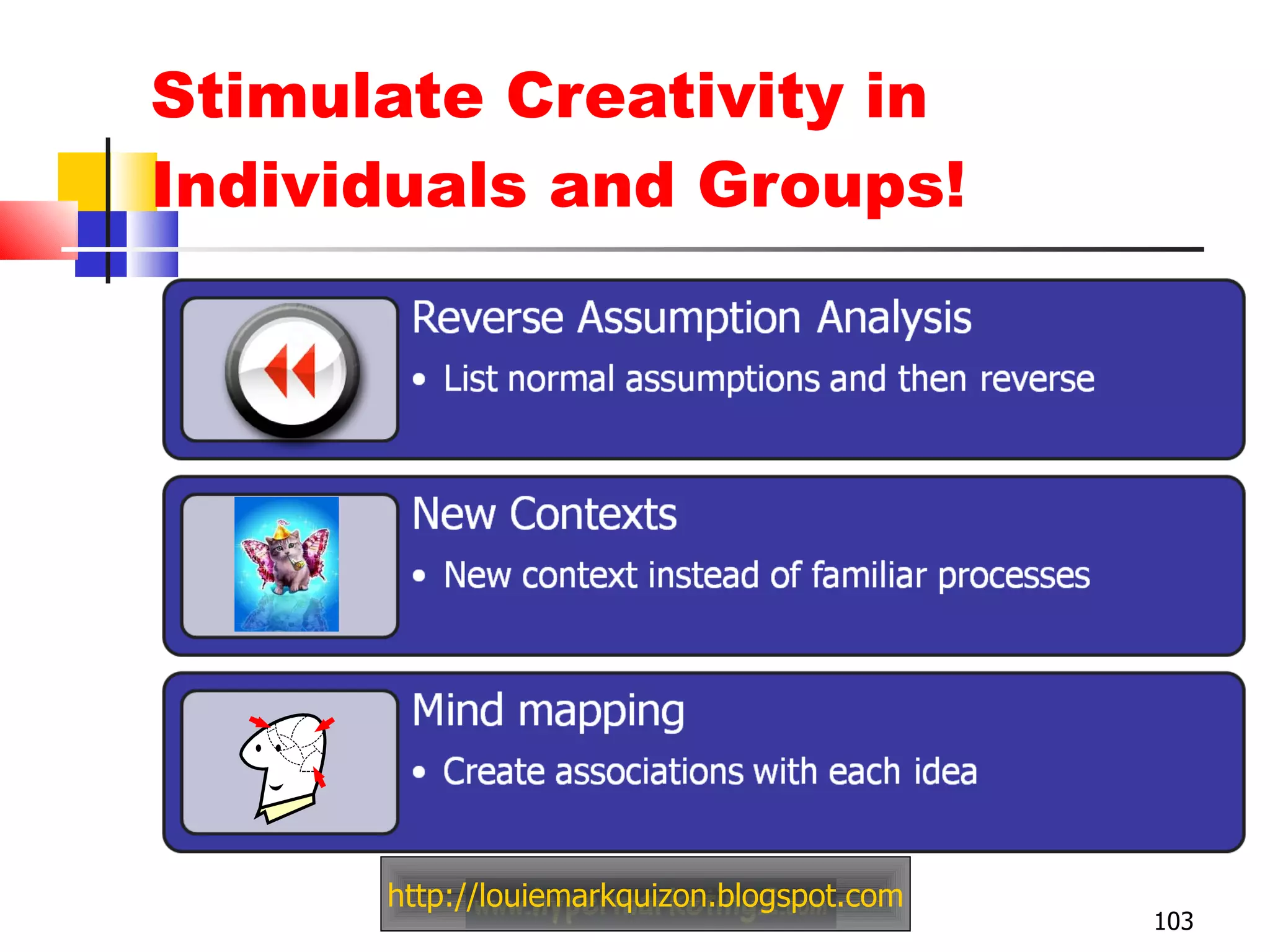 Stimulate Creativity in Individuals and Groups! http://louiemarkquizon.blogspot.com 
