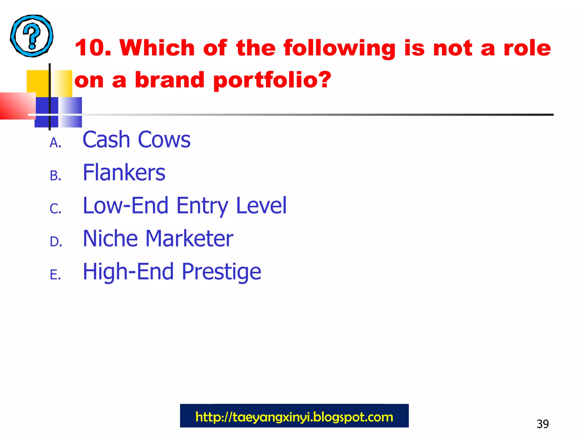 10. Which of the following is not a role on a brand portfolio?  Cash Cows Flankers Low-End Entry Level Niche Marketer High-End Prestige http://taeyangxinyi.blogspot.com 39 