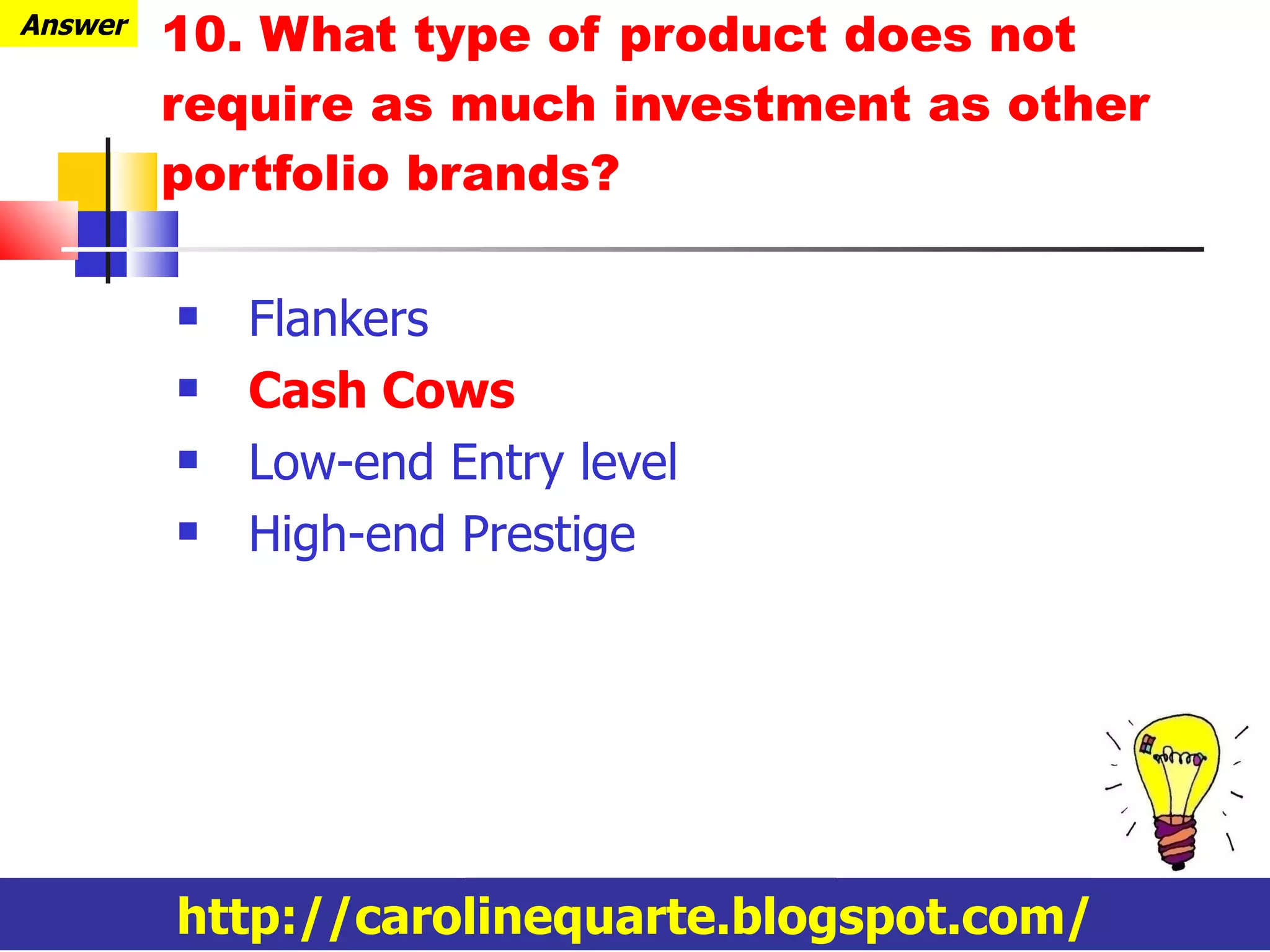 Flankers Cash Cows Low-end Entry level High-end Prestige 10. What type of product does not require as much investment as other portfolio brands? http://carolinequarte.blogspot.com/ Answer 