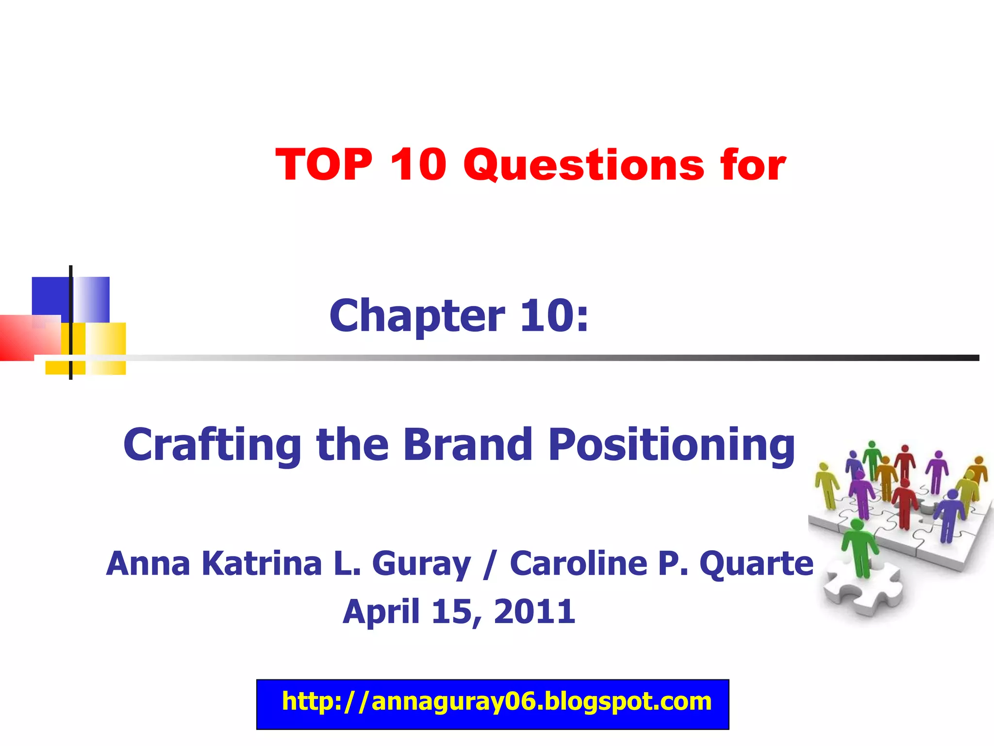 TOP 10 Questions for Chapter 10: Crafting the Brand Positioning Anna Katrina L. Guray / Caroline P. Quarte April 15, 2011 http://annaguray06.blogspot.com 
