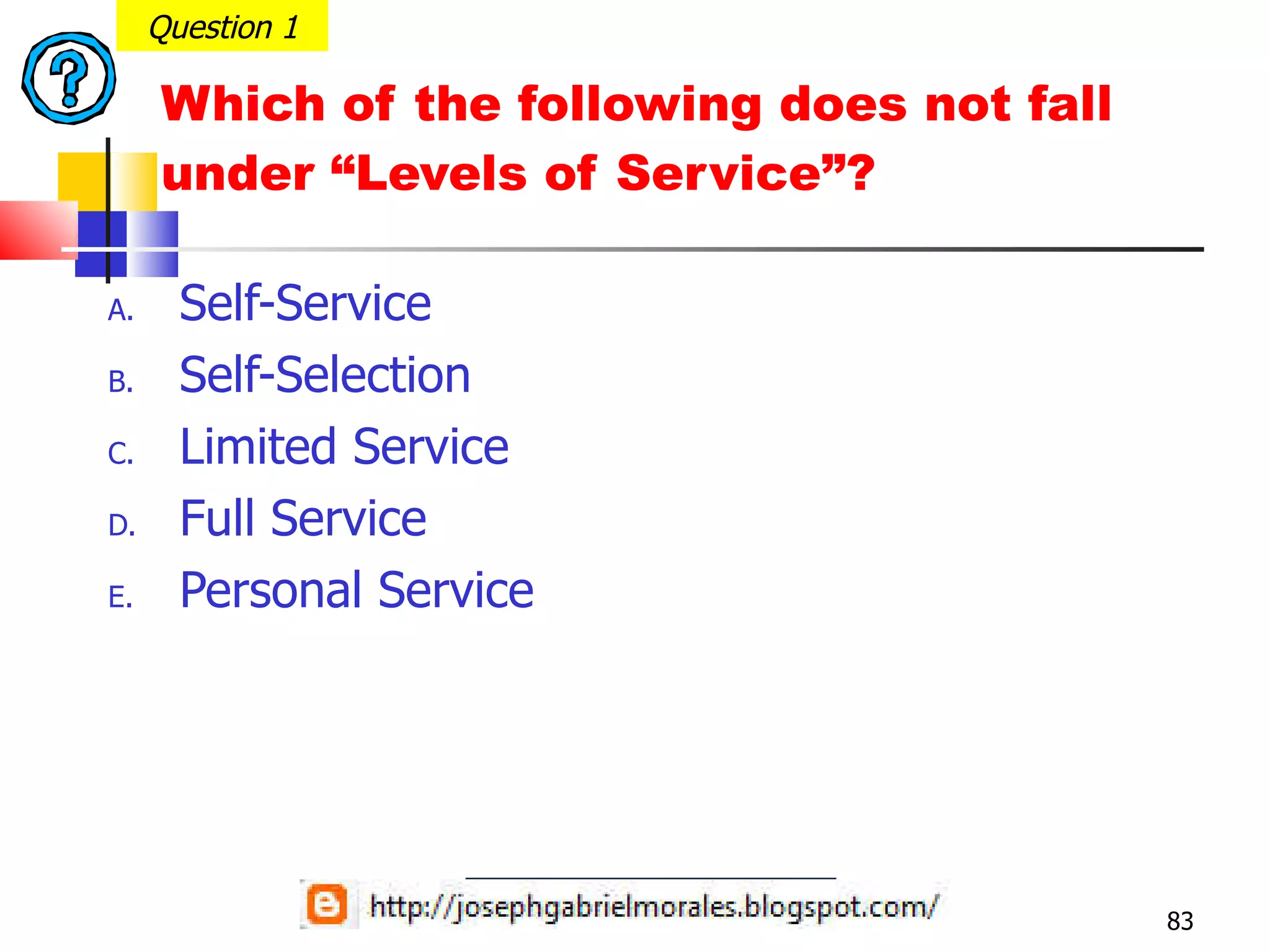 Which of the following does not fall under “Levels of Service”? Self-Service Self-Selection Limited Service Full Service Personal Service Question 1 
