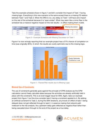 Take the example schedule shown in figure 1 and let’s consider the impact of Task 1 having
missing logic. Everything in this new scenario is the same except there is a missing FS relation
between Task 1 and Task 2. When the SRA is run, any delay on Task 1 will have zero impact
on the rest of the schedule because it is ‘open ended’. What may seem like a minor flaw in the
schedule has a massive negative impact on the risk results – in effect making them invalid.

                                                                       Missing Successor




                   Figure 3 – Example Schedule with Missing Successor on Task 1

Figure 4 is now wrongly reporting that our example project has a 57% chance of completion on
time (was originally 36%). In short: the results are overly optimistic due to the missing logic.




                                                                           Overly Optimistic
                                                                           Confidence Level




                          Figure 4 – Flawed Risk results due to Missing Logic

Minimal Use of Constraints
The use of constraints generally goes against the principle of CPM analysis (as the CPM
calculation cannot freely calculate dates because the activities are already artificially held in
place with the constraint). This is an even bigger issue for SRA. Again, take our example
project from figure 1 but this time consider task 2 having a constraint applied to it. By adding
an artificial constraint to Task 2, during the SRA iterations, any knock-on effect of task 1 being
delayed does not get reflected through to task 2, in essence making that network path
irrelevant to the risk analysis. Any upstream delay gets reflected as negative float rather than
being cascaded down through to the end of the project as a true delay.



+1 512 291 6261 // info@projectacumen.com
www.projectacumen.com                       6
 