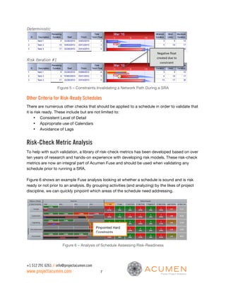 Deterministic




                                                                            Negative	
  float	
  
                                                                            created	
  due	
  to	
  
Risk Iteration #1
                                                                              constraint	
  




                    Figure 5 – Constraints Invalidating a Network Path During a SRA

Other Criteria for Risk-Ready Schedules
There are numerous other checks that should be applied to a schedule in order to validate that
it is risk ready. These include but are not limited to:
     • Consistent Level of Detail
     • Appropriate use of Calendars
     • Avoidance of Lags


Risk-Check Metric Analysis
To help with such validation, a library of risk-check metrics has been developed based on over
ten years of research and hands-on experience with developing risk models. These risk-check
metrics are now an integral part of Acumen Fuse and should be used when validating any
schedule prior to running a SRA.

Figure 6 shows an example Fuse analysis looking at whether a schedule is sound and is risk
ready or not prior to an analysis. By grouping activities (and analyzing) by the likes of project
discipline, we can quickly pinpoint which areas of the schedule need addressing.




                                            Pinpointed Hard
                                            Constraints



                      Figure 6 – Analysis of Schedule Assessing Risk-Readiness




+1 512 291 6261 // info@projectacumen.com
www.projectacumen.com                         7
 