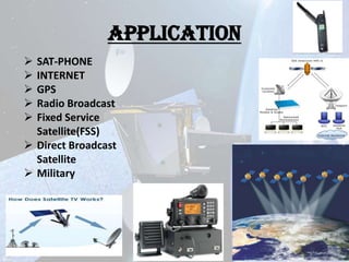 Application






SAT-PHONE
INTERNET
GPS
Radio Broadcast
Fixed Service
Satellite(FSS)
 Direct Broadcast
Satellite
 Military

 