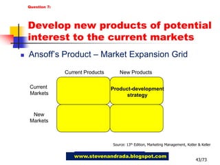 7. According to Ansof’s product – market expansion grid, what kind of strategy involves development of new markets for existing products?Market penetration strategyProduct development strategyMarket development strategyDiversification strategyNone of the above40/73Improved question:francishugo.blogspot.com