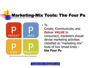 Marketing-Mix Tools: The Four PsTo Create, Communicate, and Deliver VALUE to consumers, marketers should devise marketing activities classified as “marketing mix” tools of four broad kinds – the Four Ps http://pauldunay.com/wp-content/uploads/2010/01/4ps.png