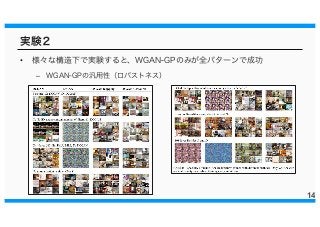 実験２
• 様々な構造下で実験すると、WGAN-GPのみが全パターンで成功
– WGAN-GPの汎用性（ロバストネス）
14
 