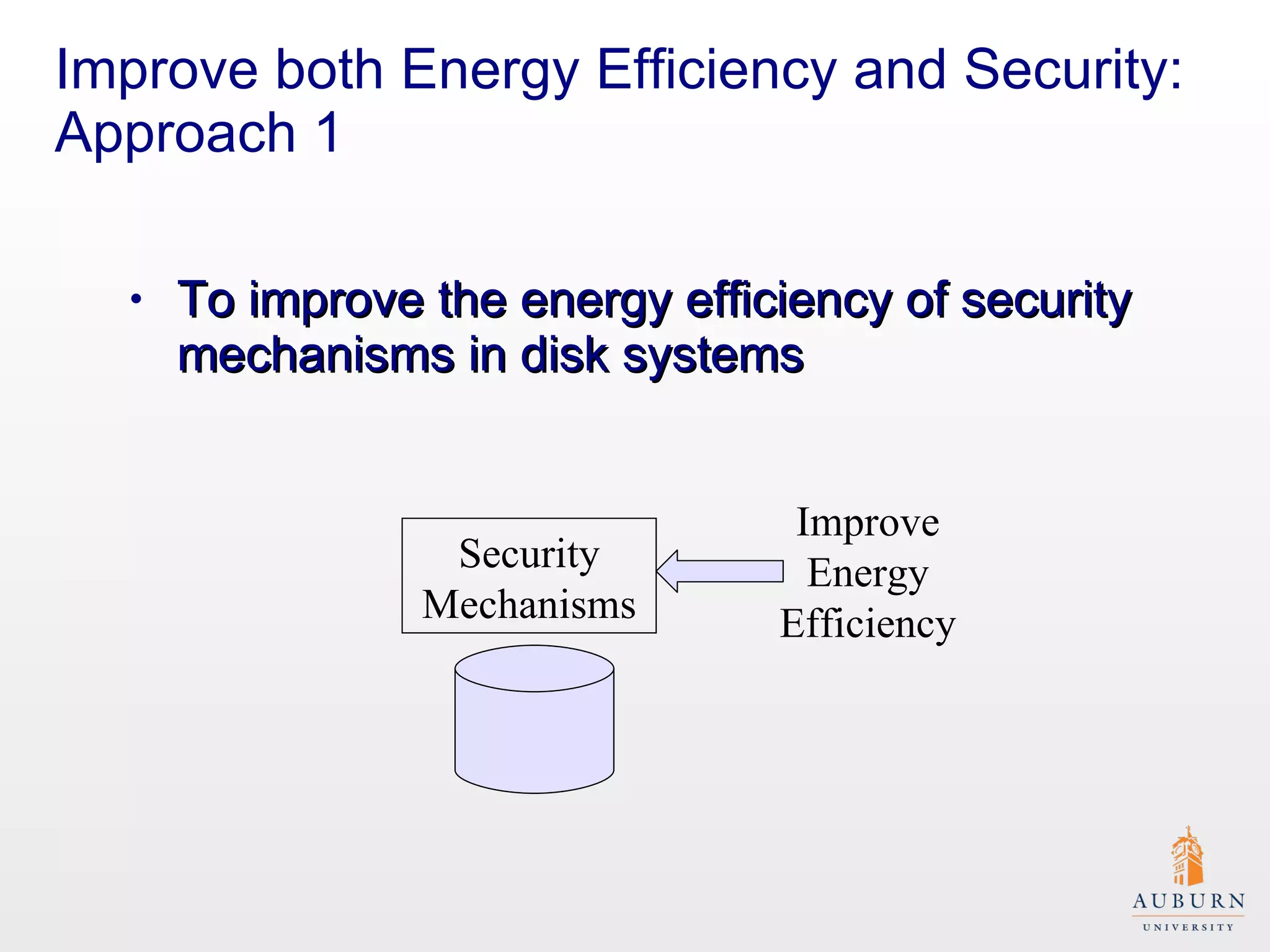 Improve both Energy Efficiency and Security: Approach 1 To improve the energy efficiency of security mechanisms in disk systems  Security Mechanisms Improve Energy Efficiency 